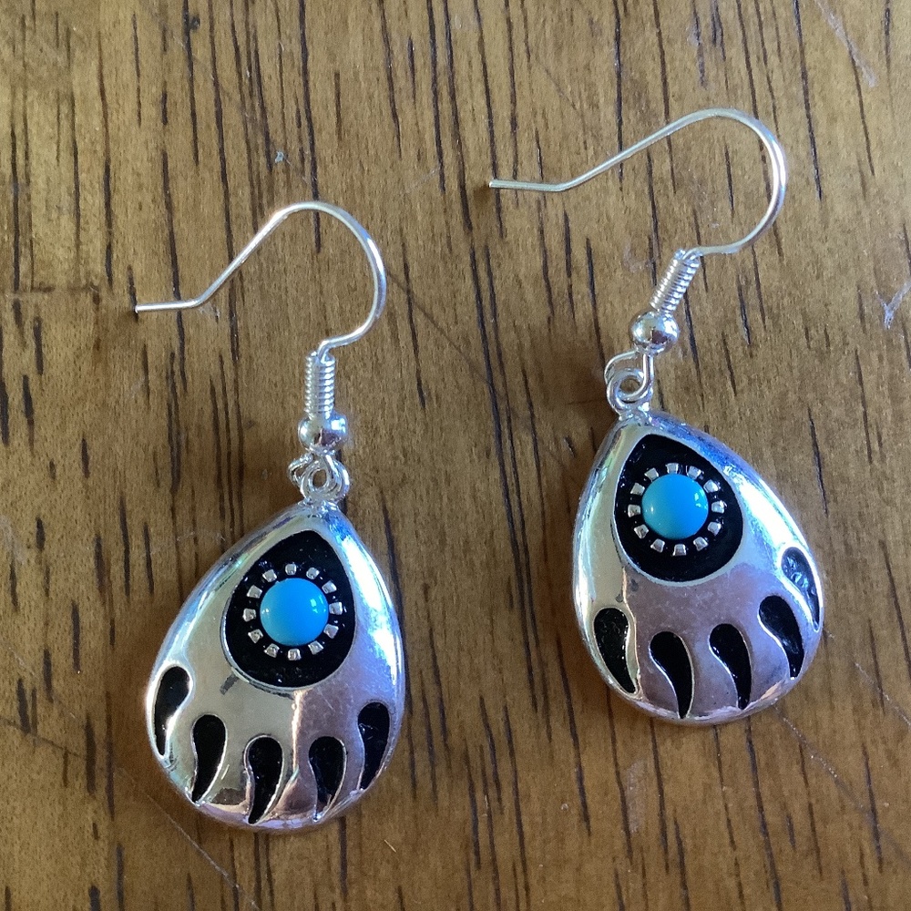 STERLING SILVER BEAR PAW EARRINGS WITH GENUINE TURQUOISE